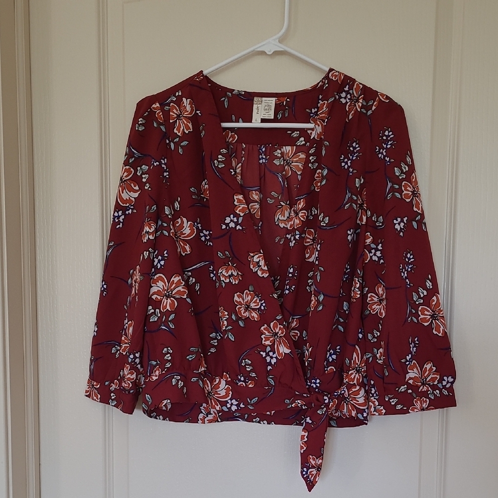 JAPNA Floral Wrap Blouse - Burgundy Size L